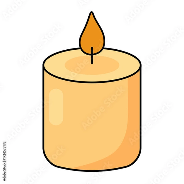 Fototapeta Minimal flat illustration of burning candle with yellow flame, cozy decorative symbol on white background