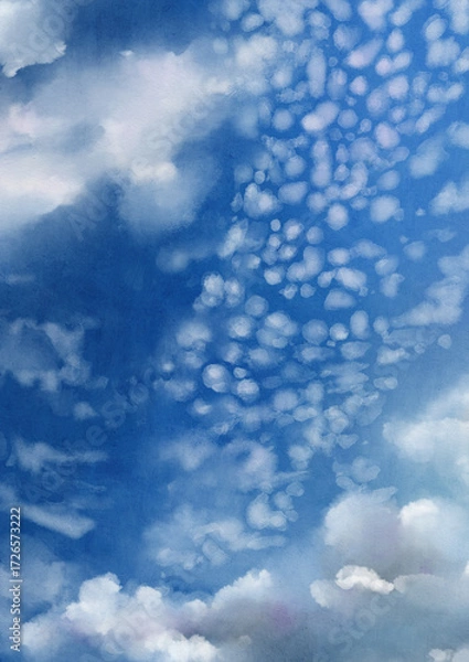 Fototapeta 鱗雲、ひつじ雲が浮かび、低い雲も流れている高低差、立体感を感じる秋の空の背景イラスト素材　