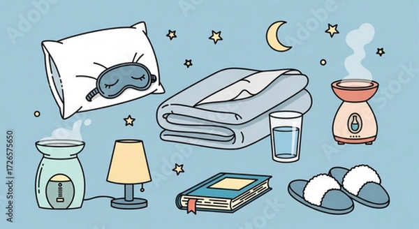 Fototapeta Illustration of bedtime essentials including a pillow, blanket, lamp, and aromatherapy diffuser on blue background