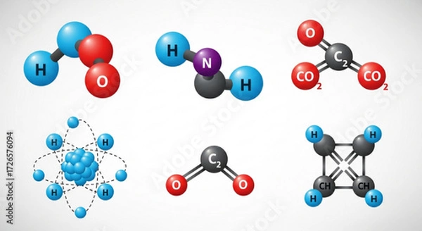 Fototapeta Illustration showcasing various molecular structures including water, hydrogen cyanide, and carbon dioxide