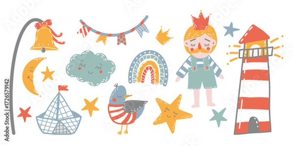 Obraz Cute little boy, king character, sea-themed set for babies. Sailor, lighthouse, seagull, paper boat, ship’s bell, flags. Hand drawing, isolated design elements on white background. Bright palette.