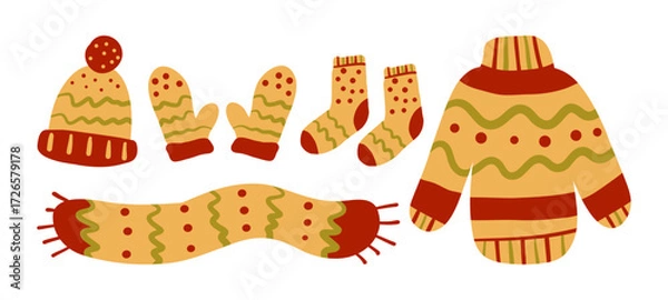 Obraz Knitwear collection of warm clothes. Sweater, hat, mittens, socks, scarf. A set of autumn and winter cozy accessories. Hand drawn in doodle. Warm palette. Isolated design elements on white background 