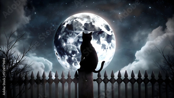 Fototapeta Black cat silhouette gazing at the moonlit night sky with spooky Victorian fence. Silhouette of a cat sitting atop a fence post. a large full moon. and a star studded night sky.