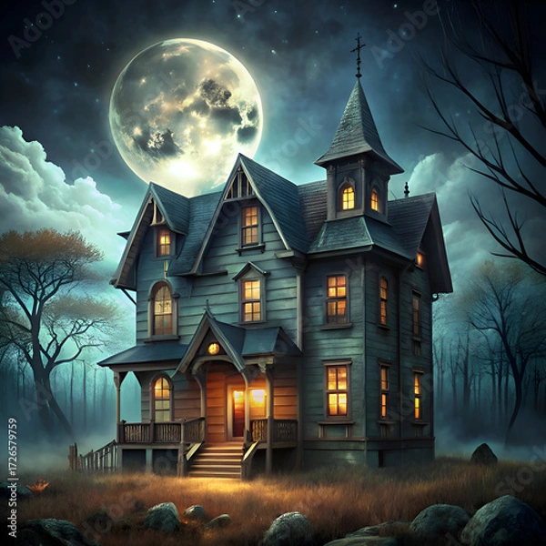 Fototapeta Haunted Victorian home at night in a misty forest setting. Structure illuminated by interior light sources. showcasing spooky atmosphere.