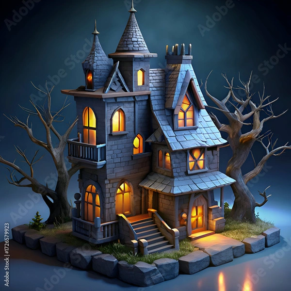 Fototapeta 3D model of a spooky. gothic style haunted house illuminated at night with detailed architecture and dark. barren trees. Animated Halloween design for digital media use.