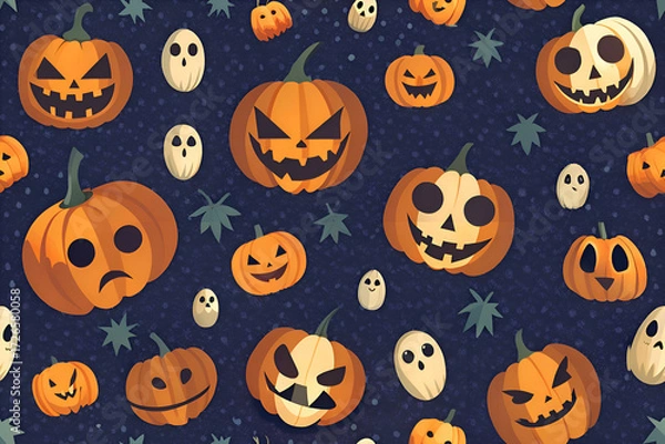 Fototapeta Halloween pumpkin and ghost pattern on a dark background. A repeating design of jack o' lanterns with various expressions and friendly ghosts.