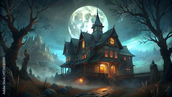 Fototapeta Haunted Victorian mansion at night in a misty. mountainous setting. Structure illuminated by interior lights with a large full moon overhead.