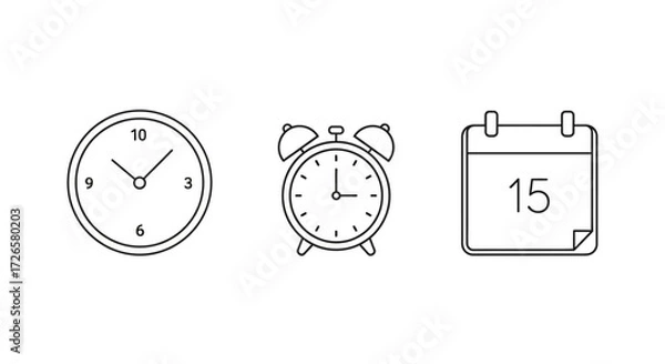 Fototapeta Time Management and Scheduling: Clock, Alarm Clock, and Calendar Icons for Planning and Deadlines