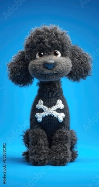 Fototapeta Digital illustration of a seated poodle wearing a sweater with bone-shaped design
