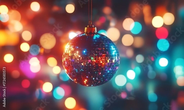 Obraz Disco ball with colorful lights and bokeh effects, set against a nightclub background for a 70s-themed New Year's party or birthday celebration. Sparkling decor and a festive atmosphere, Generative AI