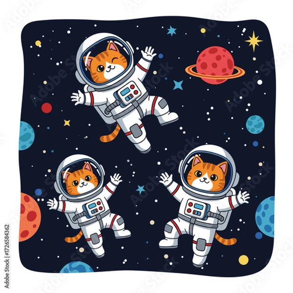 Obraz Three happy cartoon astronaut cats explore vibrant space with planets and stars Kids pets adventure