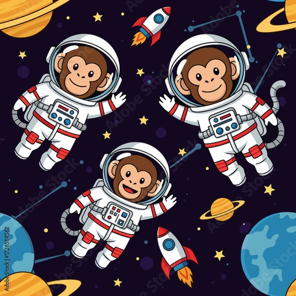 Fototapeta Smiling astronaut monkeys explore space with planets and rockets Fun cheerful design for kids themes