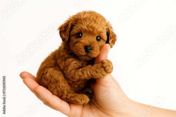 Obraz Adorable tiny brown puppy curled in human hand isolated on white newborn small dog pet adoption concept cute toy breed portrait studio stock photo