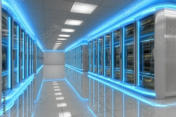 Fototapeta State of the art data center illuminated with neon blue lighting showcasing advanced technology infrastructure designed for optimal performance and efficiency in the digital era