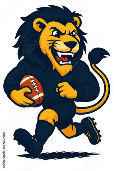 Obraz Fierce lion mascot running with american football aggressive sports team logo concept cartoon vector illustration isolated on white competitive game spirit school club branding