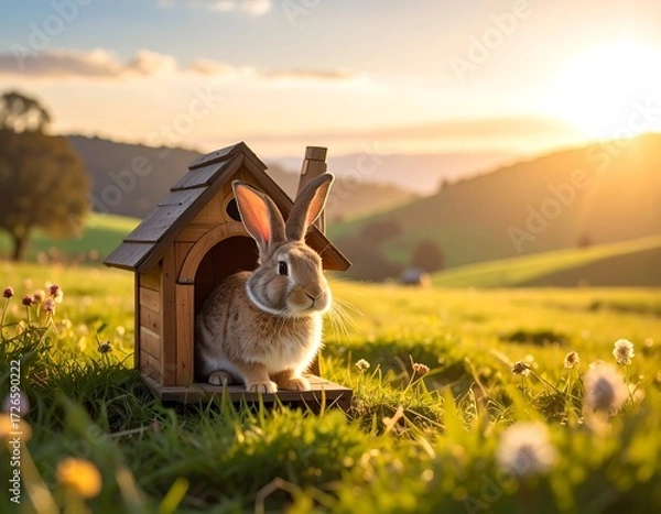 Fototapeta A small rabbit sits inside a wooden house in a grassy field at sunset