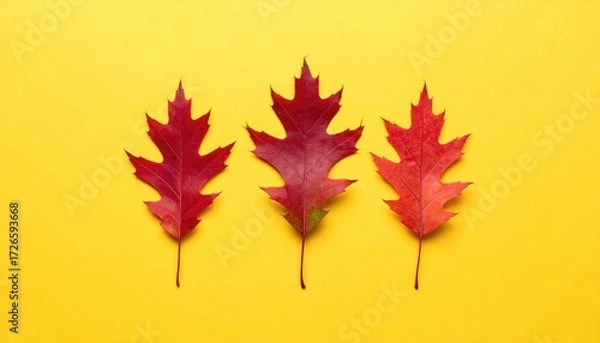 Fototapeta Three vibrant red autumn leaves against a bright yellow background