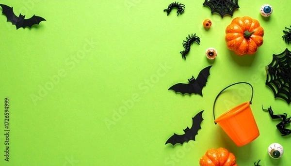 Fototapeta Halloween decorations arranged as a spooky frame on bright neon green background with copy space in the center. Features pumpkin bucket, skull, bats, spiders, webs, toy insects, and candy eyeballs.