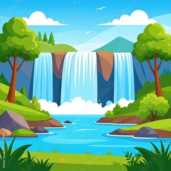 Obraz Lush landscape with a cascading waterfall