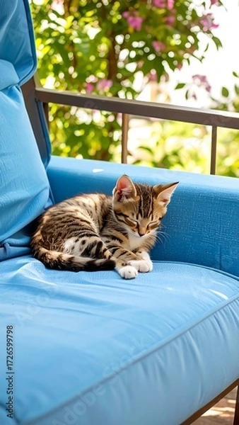 Obraz A small tabby kitten rests peacefully on a blue outdoor patio chair,  background is a lush garden