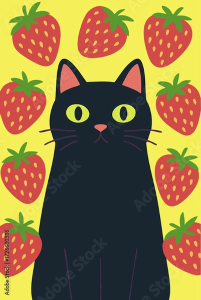 Fototapeta Whimsical illustration of a black cat surrounded by red strawberries on a patterned background.