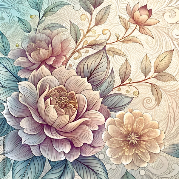 Fototapeta Ornate floral bouquet design with detailed petals and leaves in pastel shades. Intricate pattern with a vintage aesthetic. featuring a variety of blooms and foliage.