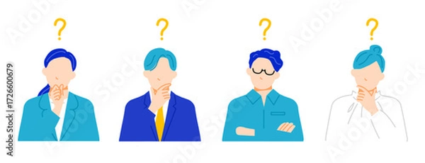 Obraz 疑問に思う４人のビジネスパーソンのイラスト。フラットデザイン。