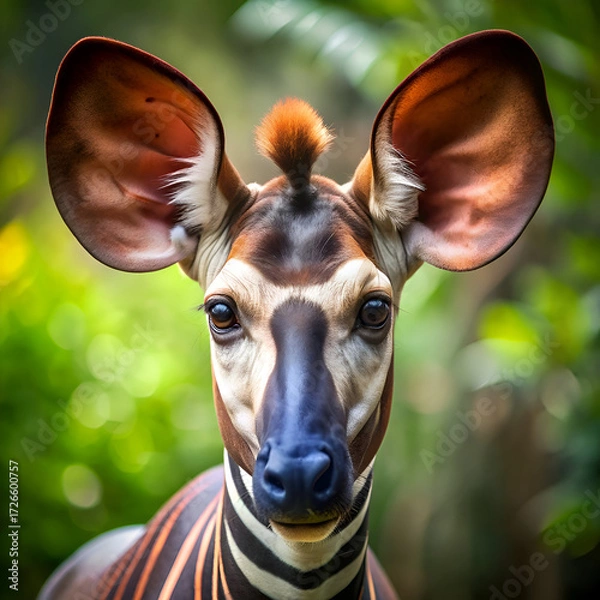 Fototapeta Okapi portrait with large ears in a zoo setting. Close-up of a captivating okapi's face with expressive eyes and unique markings.