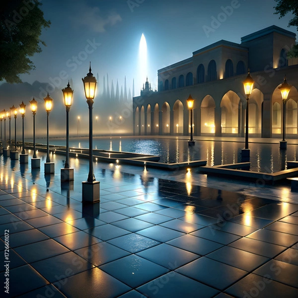 Fototapeta Evening architectural scene with illuminated pathway and grand building. Misty ambiance with light reflecting in water feature. showcasing a tranquil and modern architectural style.