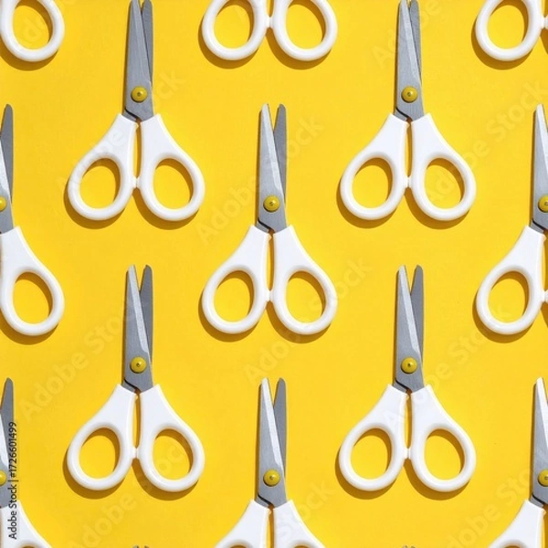 Fototapeta A vibrant yellow background featuring a repeating pattern of white scissors