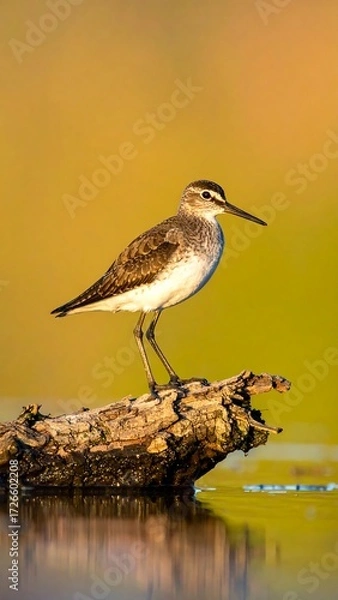 Fototapeta A small wading bird perched on a log in shallow water. Golden hues fill the background
