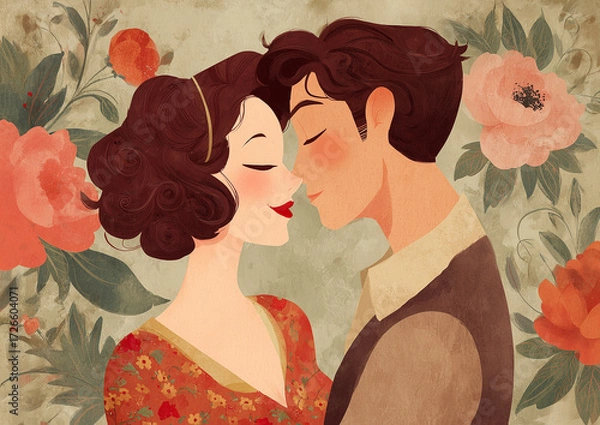Fototapeta Ai romantic couple sharing a tender moment surrounded by floral patterns in a warm, vintage style