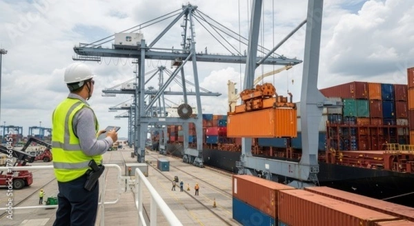 Fototapeta A man in a white helmet and high-visibility vest supervises the loading of containers onto a ship.