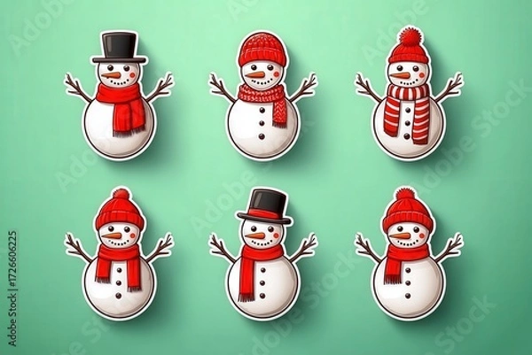 Fototapeta Cheerful snowmen wearing hats and scarves in a whimsical arrangement against a serene pastel backdrop embodying the joyous spirit of winter celebrations captured with clarity