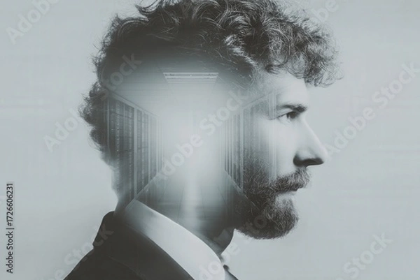 Fototapeta Thoughtful businessman contemplating future innovations amidst a digital environment illustrating the convergence of technology and human intellect in a visually striking monochrome composition