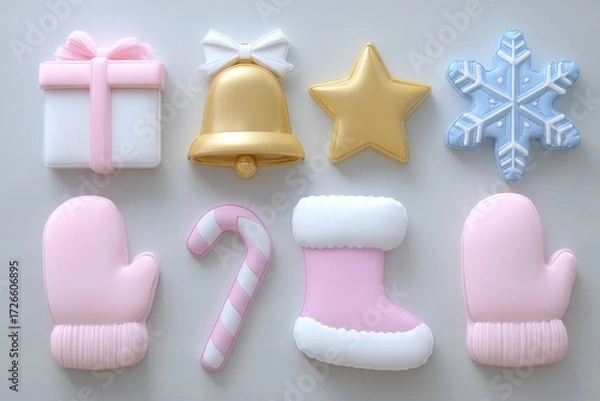 Fototapeta Festive collection of cheerful holiday-themed cookies featuring a golden bell, a pink mitten, a blue snowflake, and whimsical decorations showcasing creativity and seasonal joy