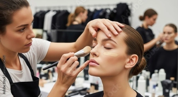 Fototapeta A makeup artist applying foundation to a model's face in a studio setting.