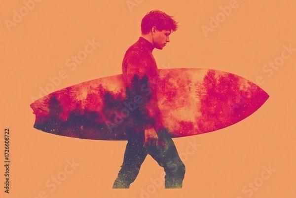 Fototapeta Young male surfer in striking silhouette showcasing vibrant emotional connection to nature carrying a surfboard with a forest backdrop highlighting adventure and exploration spirit