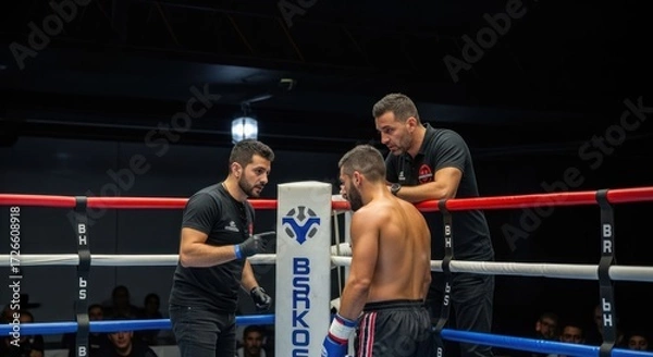 Fototapeta Two men in a boxing ring, one wearing a black shirt and the other a white shirt, with a referee standing between them.
