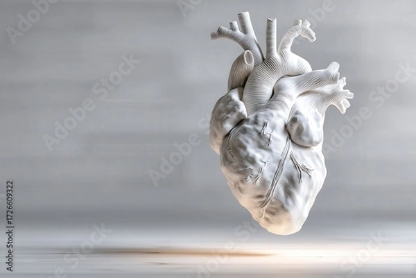 Fototapeta Floating anatomical heart sculpture emphasizing intricate details and textures showcasing the intersection of art and science in a minimalist, clean design conveying vitality and biophilia