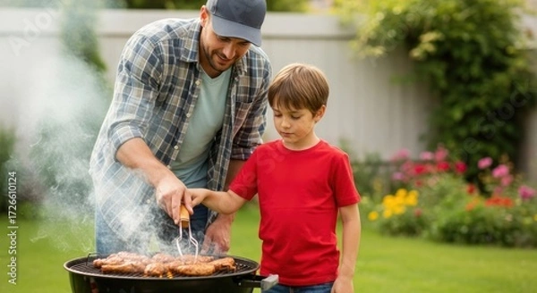 Fototapeta A man and a boy cooking on a barbecue grill in a backyard.