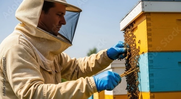 Fototapeta A beekeeper wearing a protective suit and gloves, inspecting a beehive with bees crawling on it.