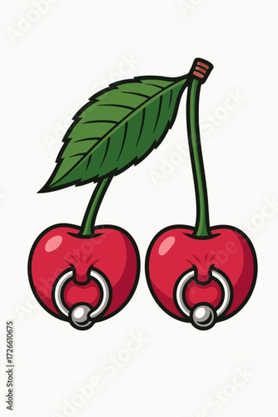 Fototapeta Illustrated two cherries on a stem with a leaf, each cherry featuring a silver piercing ring.