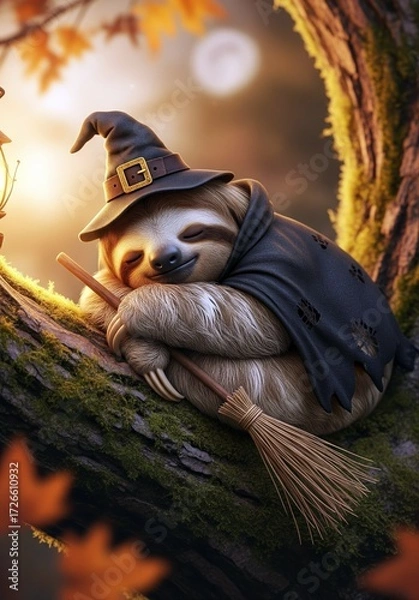 Fototapeta Halloween Sloth Witch. Cute sloth wearing witch hat and cloak sleeping on tree branch with broomstick.