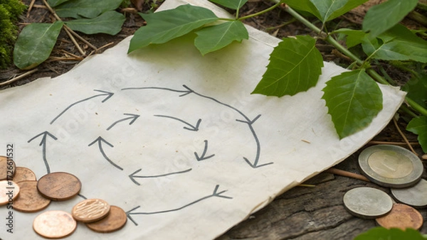 Fototapeta Resilient Ecosystem Business A hand-drawn circular arrows diagram on paper surrounded by coins and green leaves outdoors.