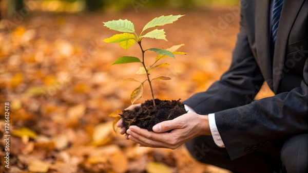 Fototapeta Resilient Ecosystem Business A person in a suit holds a small plant with soil, symbolizing growth and environmental responsibility.