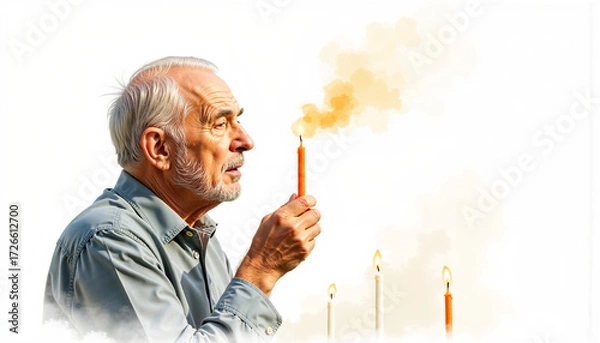 Fototapeta Elderly man blowing out candles while celebrating with soft colors  