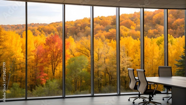 Fototapeta Resilient Ecosystem Business Modern office meeting room with large windows overlooking vibrant autumn forest scenery.