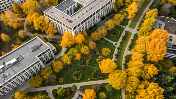 Fototapeta Resilient Ecosystem Business Aerial view of modern buildings and park with autumn trees and winding pathways.