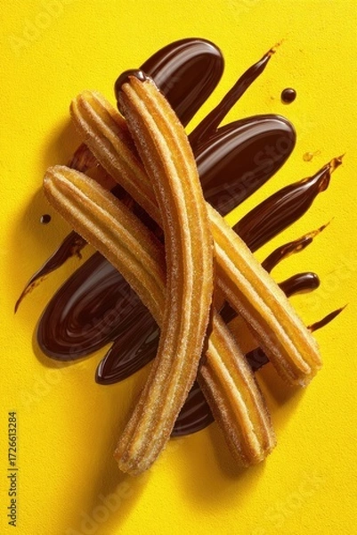 Fototapeta Crispy churros drizzled with dark chocolate